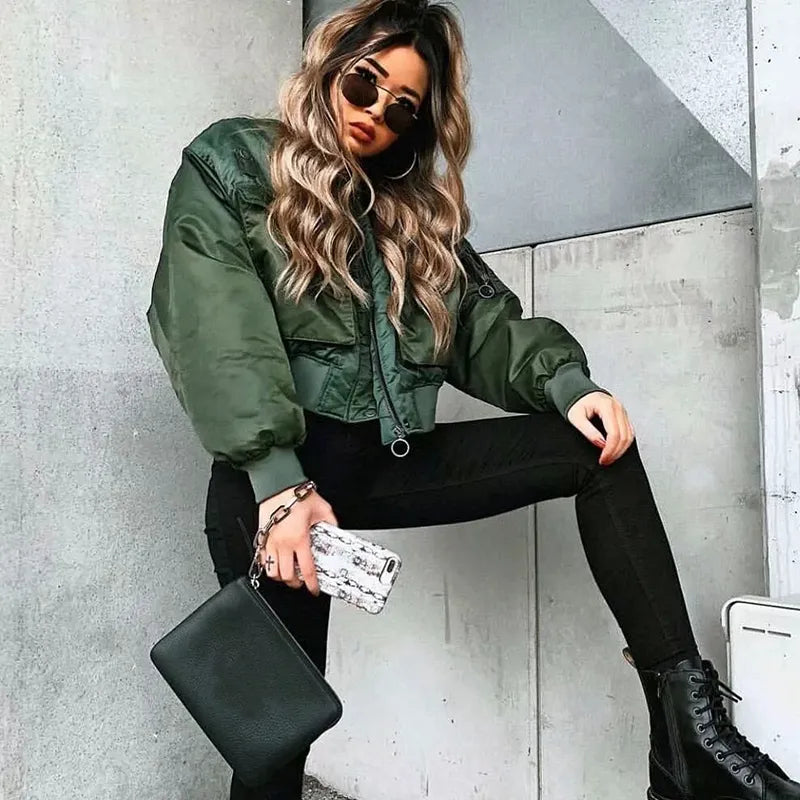 Merodi green zipper bomber jacket