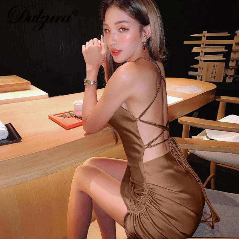 Ruched Lace Up Cross Bandage Backless Bodycon Dress