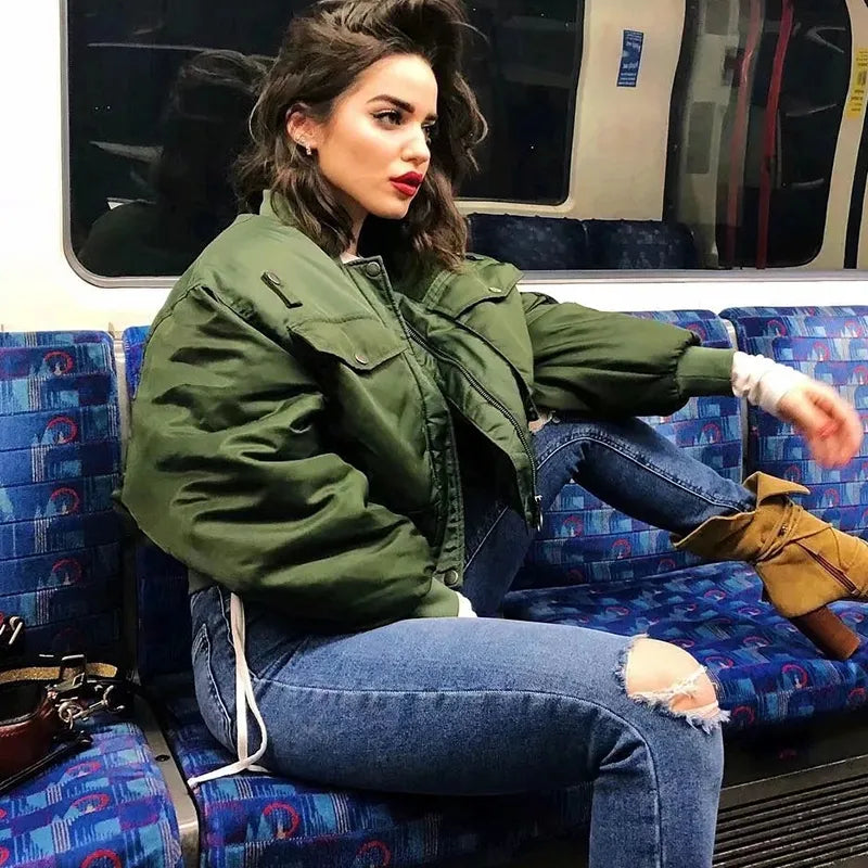 Merodi green zipper bomber jacket
