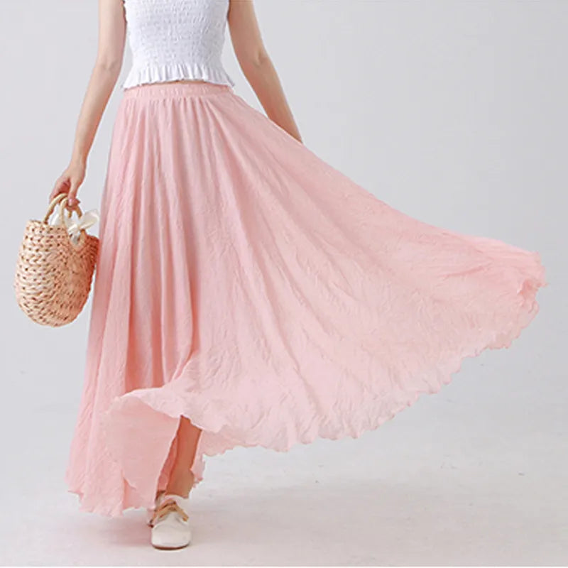Cotton Linen Maxi High Waist Pleated Skirt