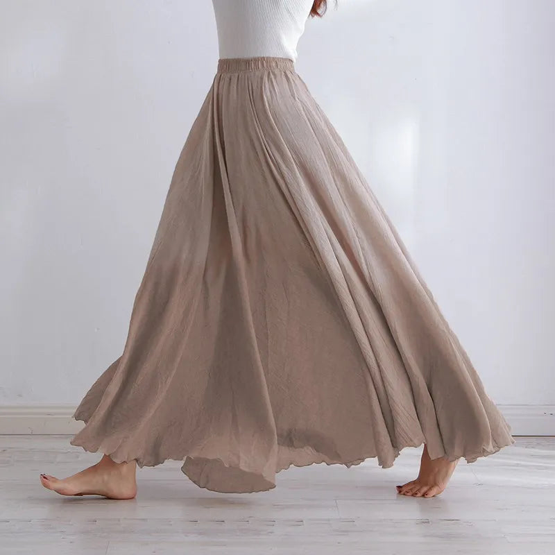 Cotton Linen Maxi High Waist Pleated Skirt