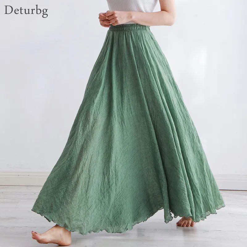 Cotton Linen Maxi High Waist Pleated Skirt