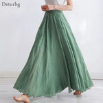 Cotton Linen Maxi High Waist Pleated Skirt