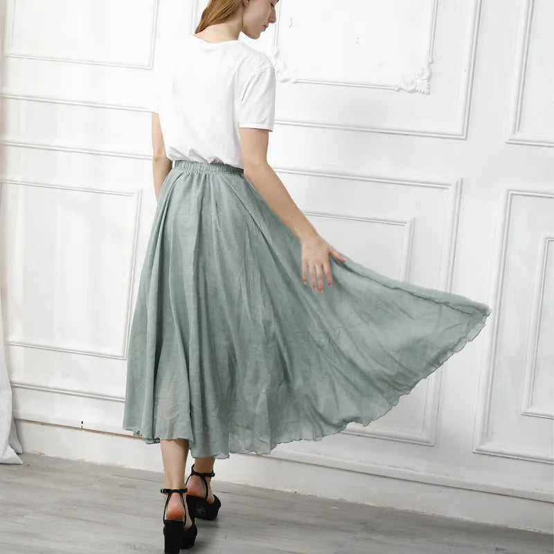Cotton Linen Maxi High Waist Pleated Skirt