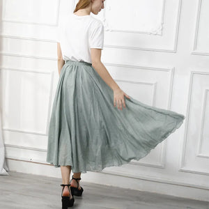 Cotton Linen Maxi High Waist Pleated Skirt