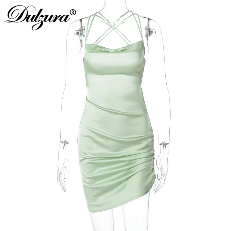 Ruched Lace Up Cross Bandage Backless Bodycon Dress