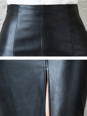 Aachoae Black PU Leather Bodycon Split Skirt