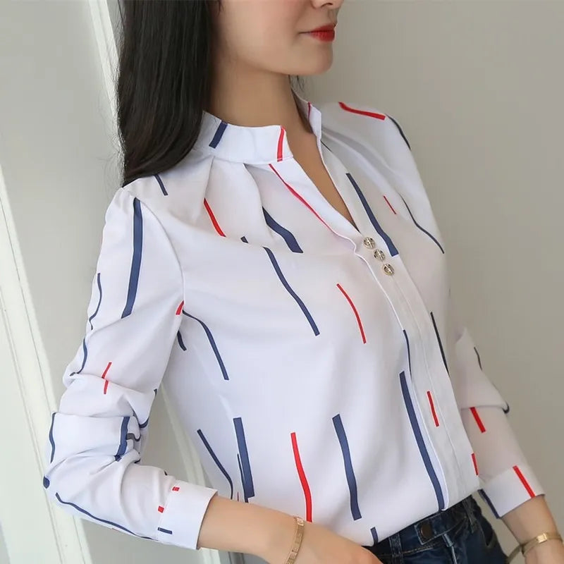 Stripe Print Casual Long Sleeve Office Lady Work Shirts