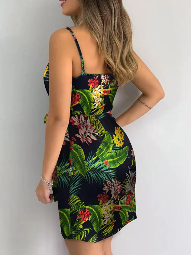 Tropical Print V-Neck Wrap Dress