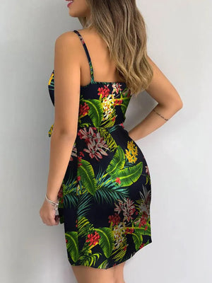 Tropical Print V-Neck Wrap Dress