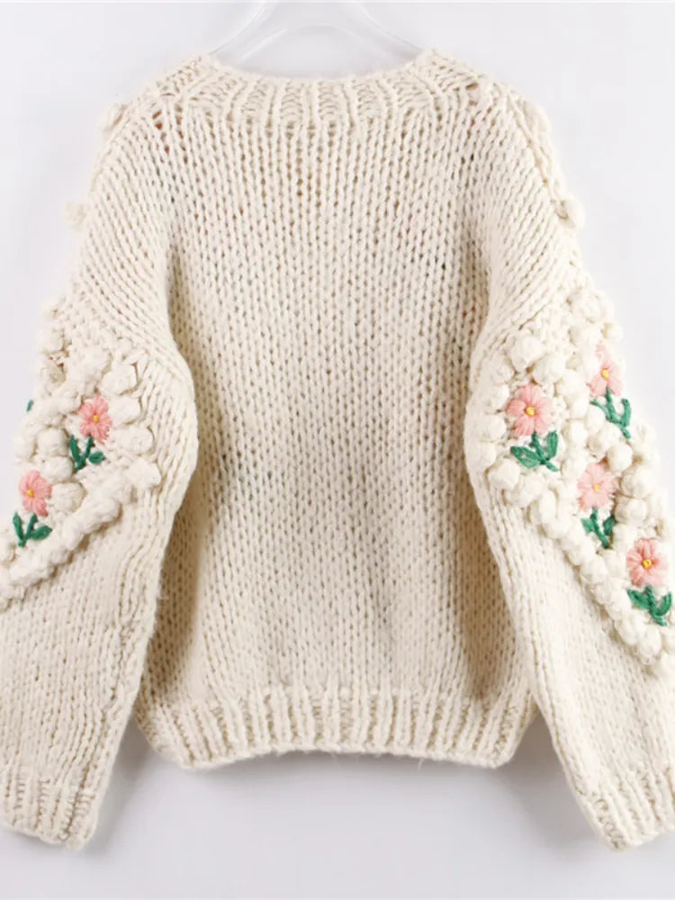 Handmade Sweater And Cardigans Floral Embroidery Pearl Beading Cardigans