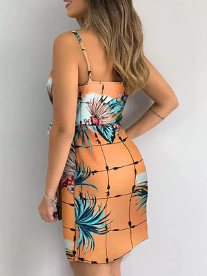 Tropical Print V-Neck Wrap Dress