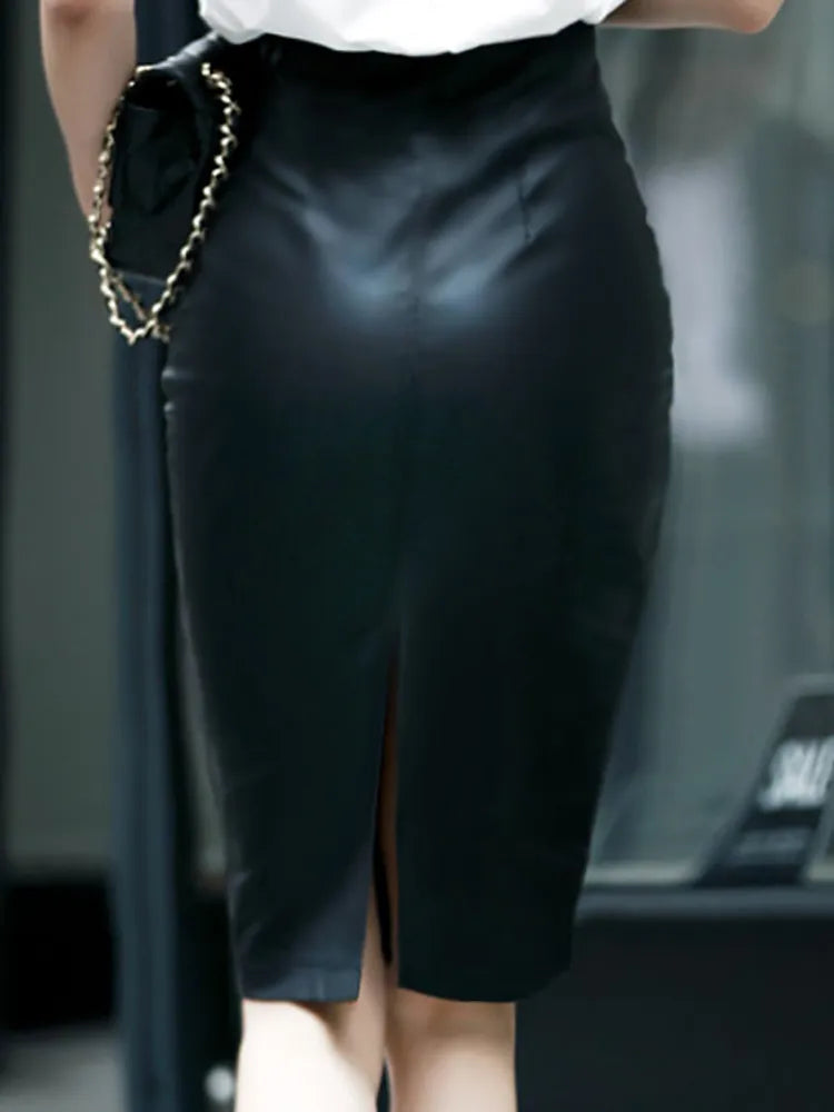 Aachoae Black PU Leather Bodycon Split Skirt