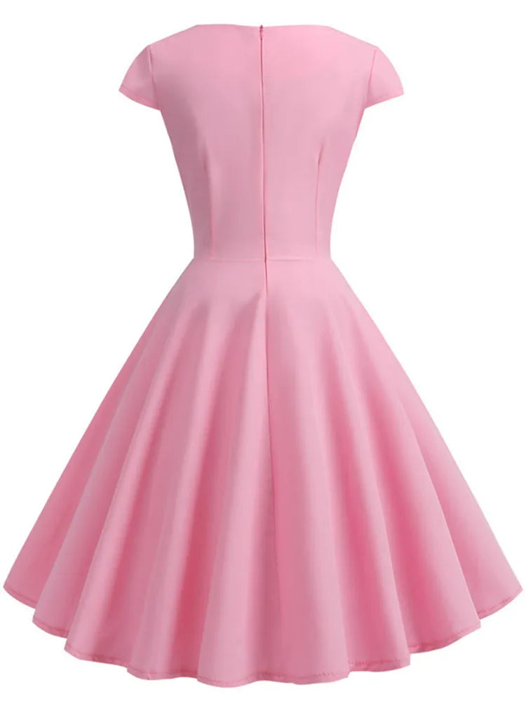 V Neck Big Swing Vintage Robe Femme Midi Dress