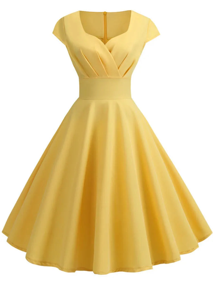 V Neck Big Swing Vintage Robe Femme Midi Dress