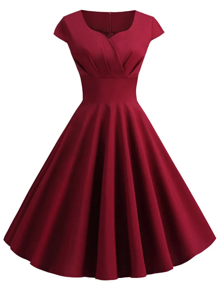 V Neck Big Swing Vintage Robe Femme Midi Dress