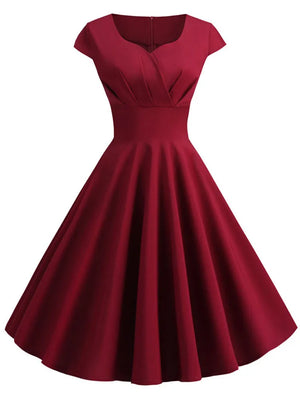 V Neck Big Swing Vintage Robe Femme Midi Dress