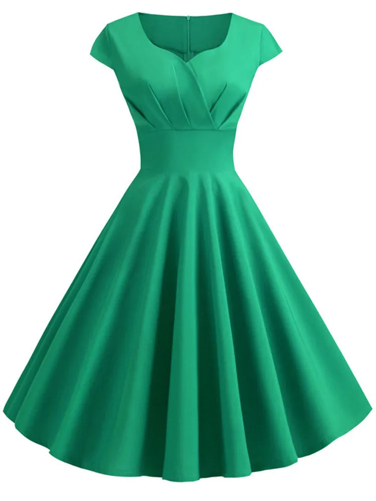 V Neck Big Swing Vintage Robe Femme Midi Dress
