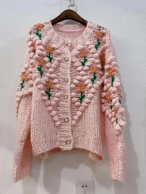 Handmade Sweater And Cardigans Floral Embroidery Pearl Beading Cardigans