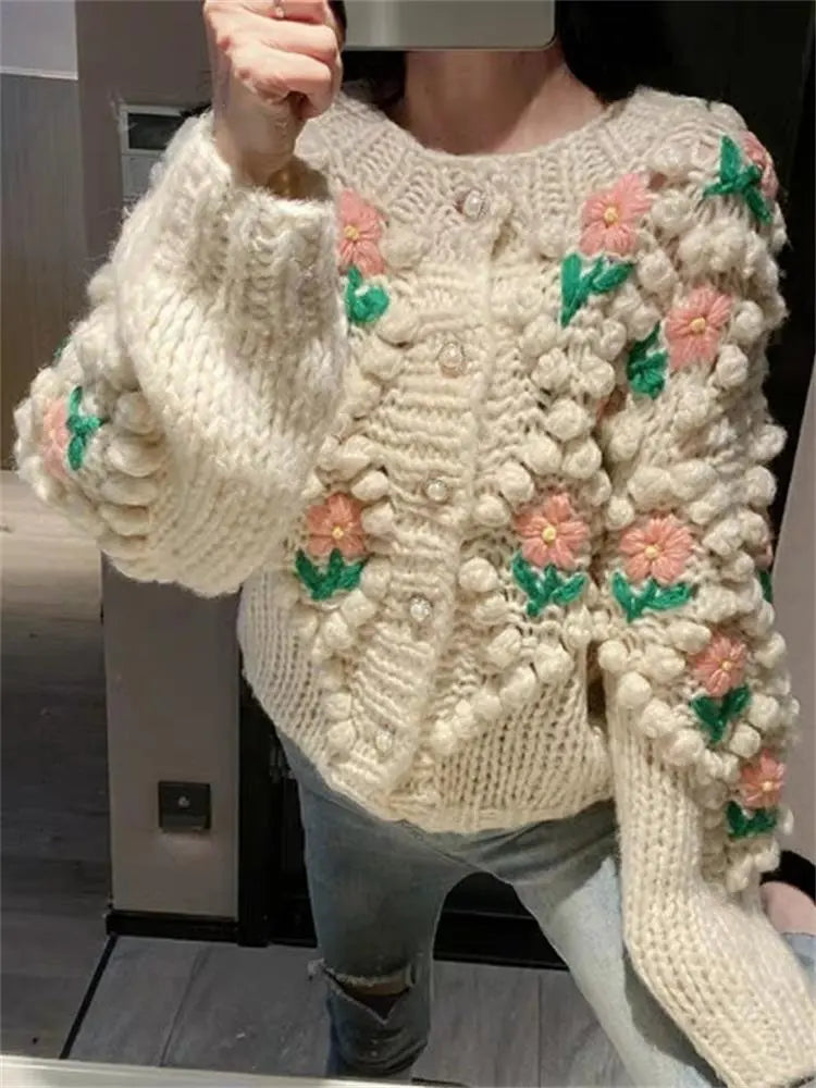 Handmade Sweater And Cardigans Floral Embroidery Pearl Beading Cardigans