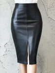 Aachoae Black PU Leather Bodycon Split Skirt