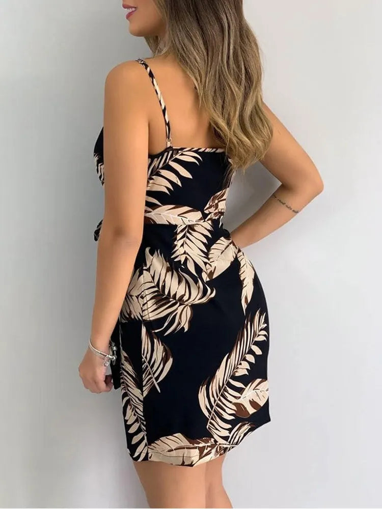 Tropical Print V-Neck Wrap Dress