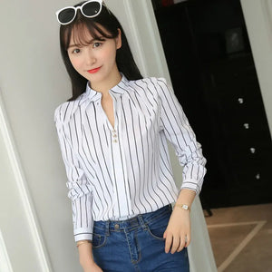 Stripe Print Casual Long Sleeve Office Lady Work Shirts