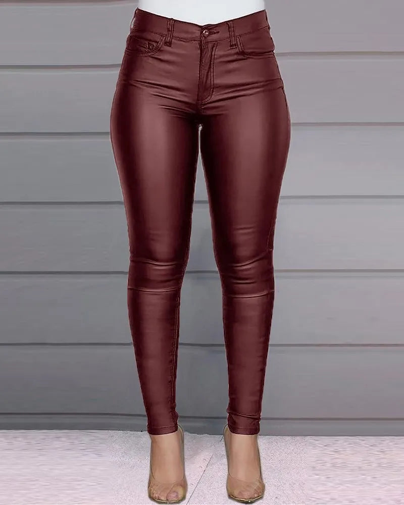 Solid Buttoned PU Skinny Pants