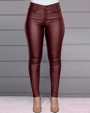 Solid Buttoned PU Skinny Pants