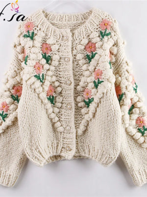 Handmade Sweater And Cardigans Floral Embroidery Pearl Beading Cardigans