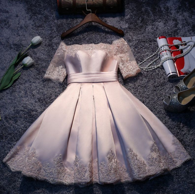 #1166 Off Shoulder Floral Embroidered Satin Skater Mini Dress with ¾ Sleeves