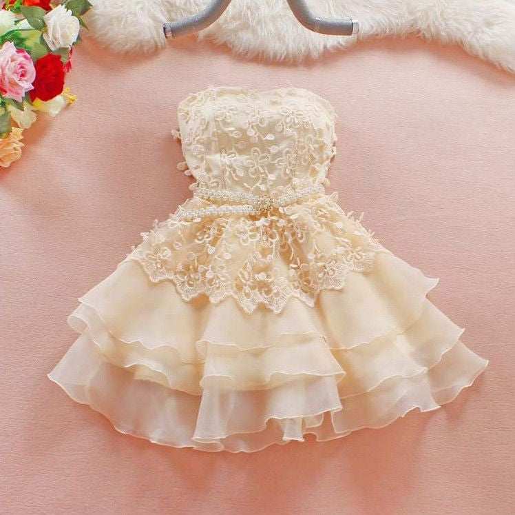 #572 Tube Floral Lace in Layers Super Mini Dress with Beads Belt