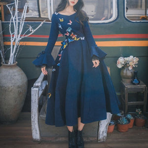 #1168 Needle and Thread Butterfly Embellished Organza Midi Dress with Fluted-Long Sleeves