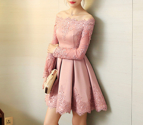 #1194 Embroidered Bardot Skater Mini Dress with Long Sleeves