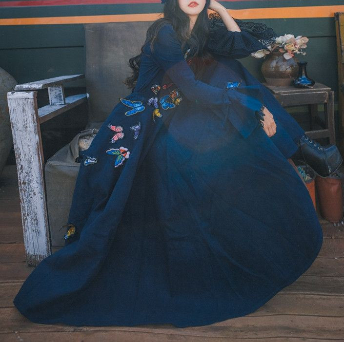 #1168 Needle and Thread Butterfly Embellished Organza Midi Dress with Fluted-Long Sleeves